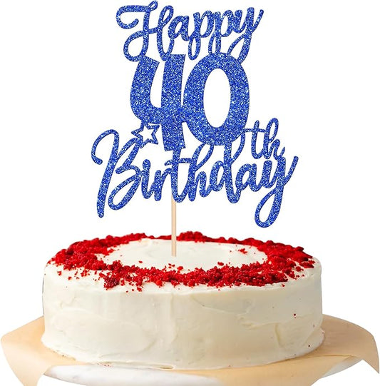 1 PCS Happy 40th Birthday Cake Topper Glitter Cheers to 40 Years Birthday Cake Pick Forty Hello 40 Fabulous Cake Decoration for Happy 40th Birthday Anniversary Party Decorations Supplies Blue