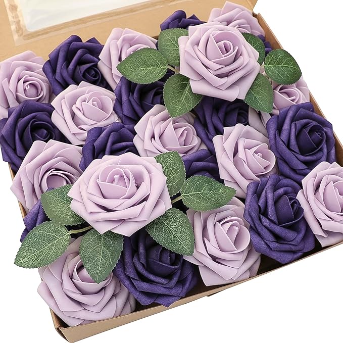 Floroom Artificial Flowers 25pcs Real Looking Lilac & Purple Foam Fake Roses with Stems for DIY Wedding Bouquets Bridal Shower Centerpieces Floral Arrangements Party Tables Home Decorations