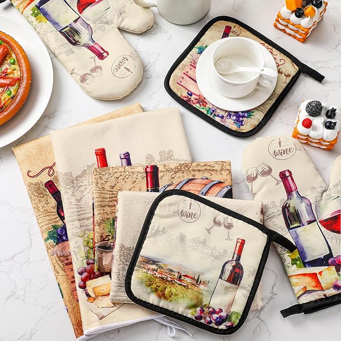 Bencailor 8 Pcs Kitchen Towel Pot Holders and Oven Mitts Set Kitchen Decoration 4 Dish Towels 2 Retro Oven Mitts 2 Potholders for Housewarming Gift Cooking Baking Grilling(Red Wine,Vintage Color)