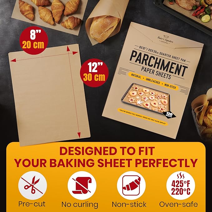 Quarter Sheet Pans 8x12 Inch Pack of 120 Parchment Paper Baking Sheets by Baker?™s Signature | Precut Silicone Coated & Unbleached ??Will Not Curl or Burn ??Non-Toxic & Comes in Convenient Packaging