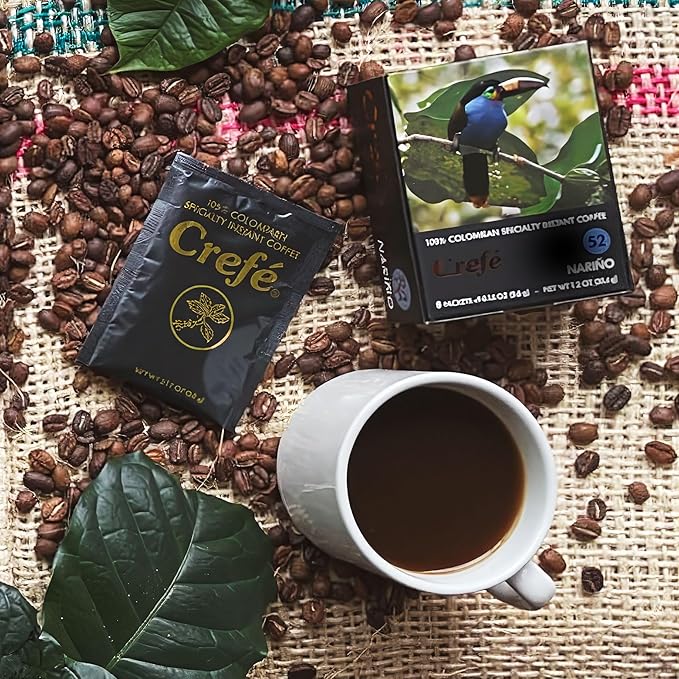 Crefé 100% Colombian Specialty Instant Coffee. 8 packets make 8 cups (8 FL OZ each). Region of Origin: Nariño. Long Medium Roast. Mild, Not Strong