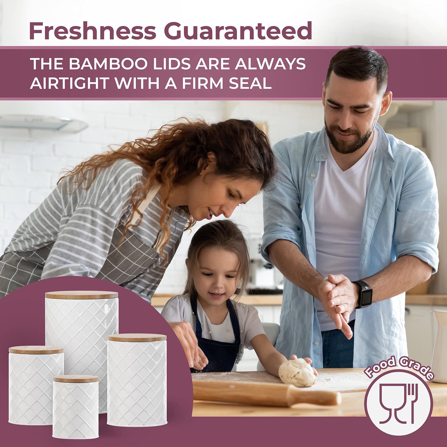 Pebble & Stem® White Metal Canister Set for the Kitchen Counter, Food Canister Set of 4, Airtight