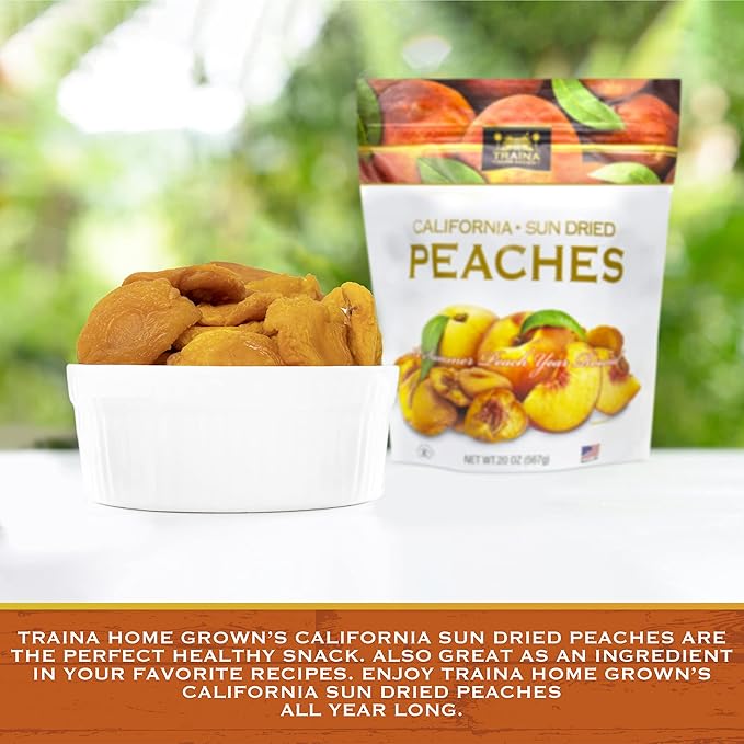 Traina Home Grown California Sun Dried Peaches - Healthy & Non-GMO, Natural Sweet Flavor Fruit No Sugar Added, Perfect Snack In Resealable Pouch (20 Oz)