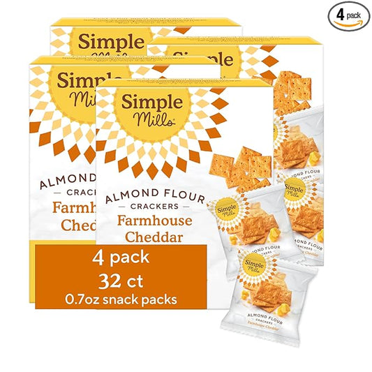 Simple Mills Almond Flour Crackers Snack Packs, Farmhouse Cheddar, Gluten Free, Flax Seed, Sunflower Seeds, Corn Free, Good for Snacks, 6.5 oz, Pack of 4 (8 Bags per Box)