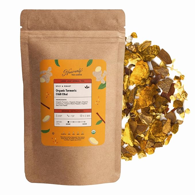 Heavenly Tea Leaves Organic Turmeric Chili Chai, Loose Leaf Herbal Tea, 4 oz. (Approx. 50 Cups of Tea) - Naturally Caffeine Free, Soothes Sore Throat, Fights Inflammation, Immunity