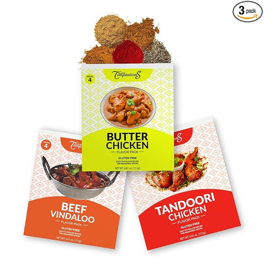 Butter Chicken Makhani, Tandoori Chicken, Beef Vindaloo Indian food spice kits by Flavor Temptations | Home Cook Authentic Indian Food | Organic, Gluten Free, No Sodium (3 Spice Kits)