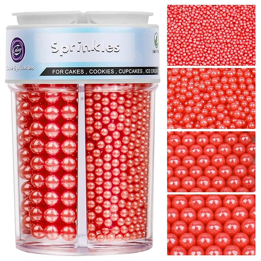 Sprinkles for Cake Decorating, Red Pearl Sprinkles 4 Sizes Mix for Cake Cupcake Cookie Baking Donuts Ice Cream Toppings