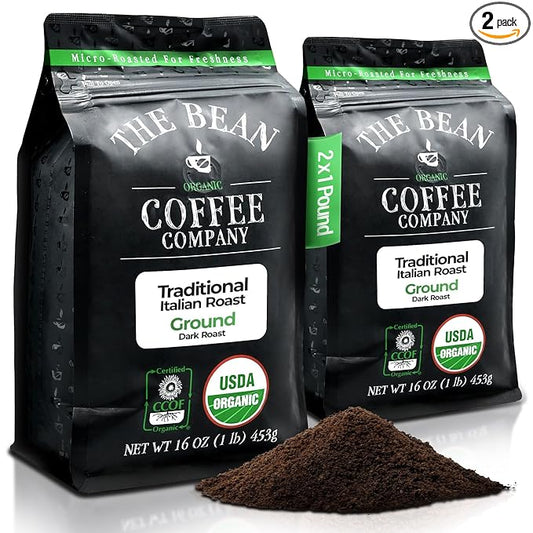 The Bean Organic Coffee Company Il Chicco (Traditional Italian Roast), Dark Roast, Ground Coffee, 16-Ounce Bags (Pack of 2),Café molido tostado organico