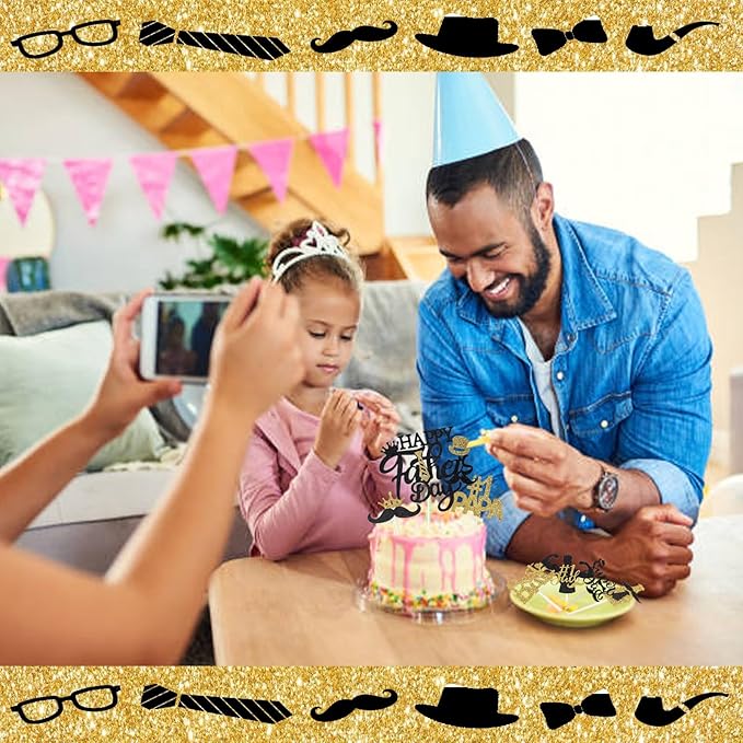 Wootkey Happy Father?쁲 Day Cake Topper Glittery 'Best Dad Ever' 25Pcs Black Gold Cupcake Toppers, Ideal for Father's Day & Men's Birthday Theme Cake Decorations Party Supplies