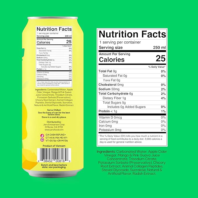Jans Sparkling Prebiotic with Collagen Soda Beverage ??Pink Guava & Mango 8.4 Fl Oz (24-Pack) ??Low Calorie, NO Added Sugar, Non-GMO Sparkling Fruit Beverage, Gut Health Support