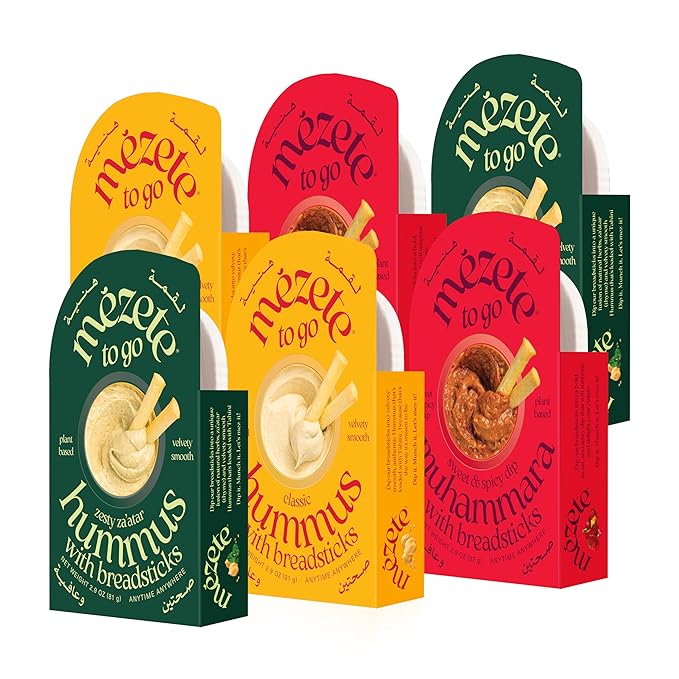 Mezete Hummus Variety Pack with Breadsticks | Authentic Middle Eastern Recipe | Rich in Tahini | All-Natural Dips and Spreads | Ready to Eat Vegan Dips | Shelf-Stable | On-the-Go | Pack of 6