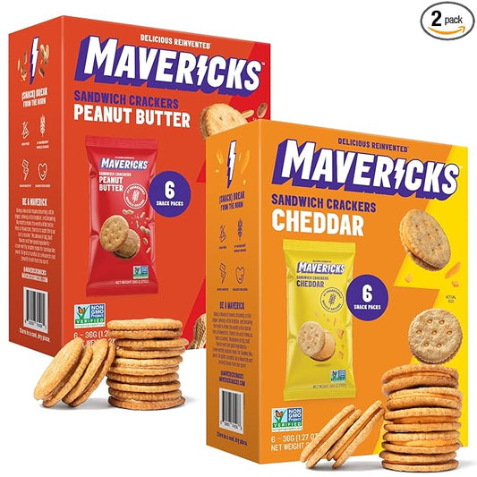 Mavericks Sandwich Crackers Variety Pack - Peanut Butter & Cheddar Snack Crackers, Whole Grain - 2 Boxes (6 Snack Packs of Each)