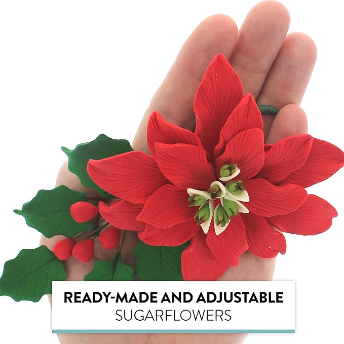 Global Sugar Art Large Poinsettia Christmas Kit Sugar Cake Flowers & Holly Leaf Sprays, 3 Piece Set by Chef Alan Tetreault. Perfect for Christmas Cake Decorations, Yule Logs and more.
