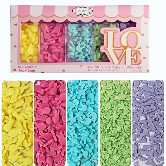Confect Easter Sprinkles Edible | Assorted pack of 5 Parrot Green, Yellow, Pink and Sky Blue Easter Bunny I Cookies, Desserts & cupcake Decorating | Edible Sprinkles Mix for Baking & Cake Decorative