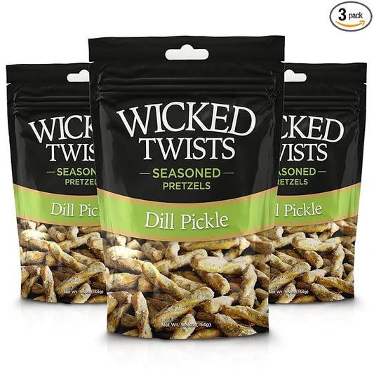 Wicked Twists Dill Pickle Seasoned Pretzels Twists 5.5 oz (3 Pack) Snack Pretzel Sticks Rods, Bold Flavor Snack, Resealable Fresh Pack, Baked Crunch, Party & School-Ready