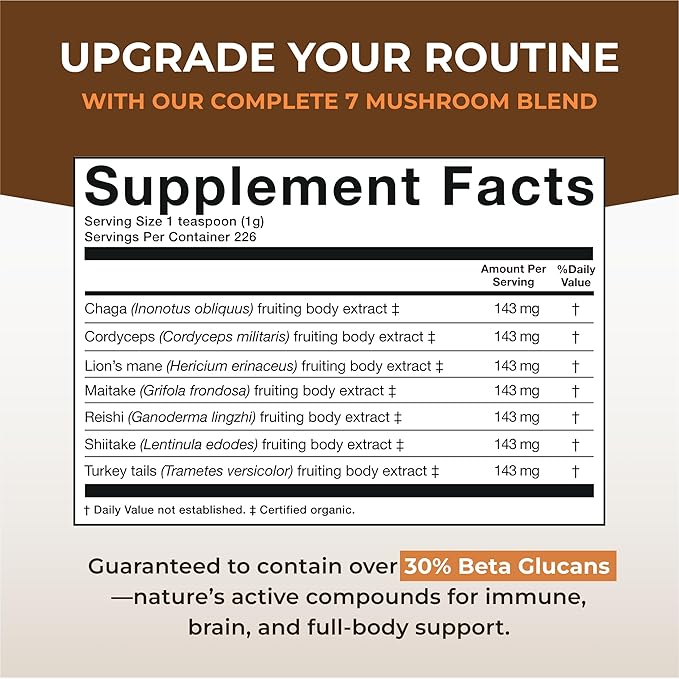Sacred 7 Mushroom Coffee Booster | Organic Mushroom Supplement Powder ??Lions Mane, Reishi, Chaga & More | Adaptogen + Nootropic | 100% Fruiting Bodies | Mix with Coffee,Tea, Smoothies - 226 Servings