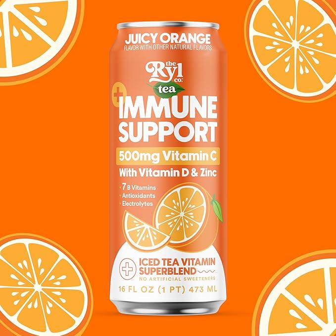 Ryl Immune Support Iced Tea, Juicy Orange, 500mg Vitamin C with Vitamin D & Zinc, Zero Sugar, Zero Calories, 16.0 Fl Oz (12-Pack)