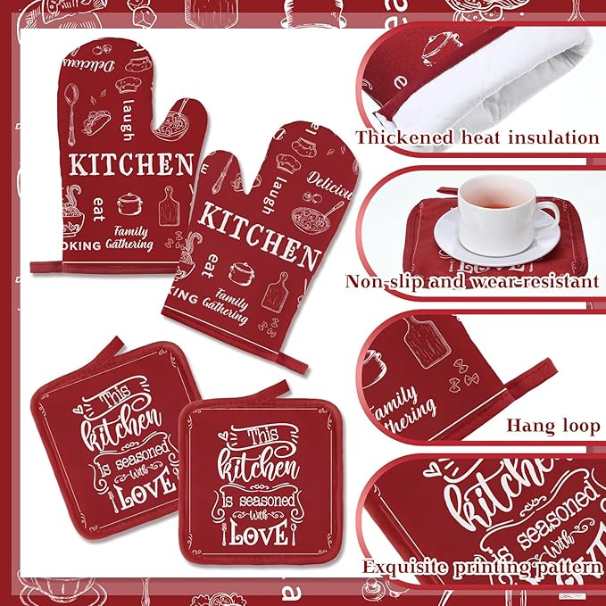 Bencailor 12 Pcs Farmhouse Kitchen Decor Sets, 8 Red Kitchen Dish Towels 2 Pot Holders 2 Oven Mitts Glove, Rustic Hand Towels and Dishcloths Sets for Home Decorations Accessories Christmas Mom Gifts