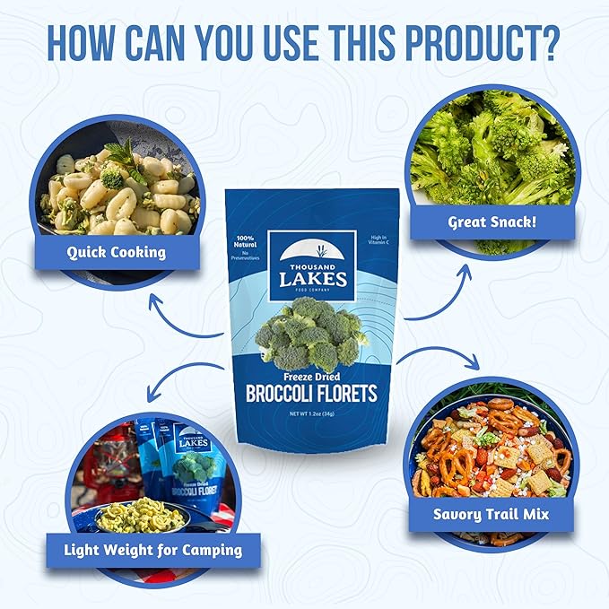 Thousand Lakes Freeze Dried Vegetables - Broccoli Florets 8-pack 0.6 ounces (4.8 ounces total) | 100% Florets - No Stems | No Salt Added