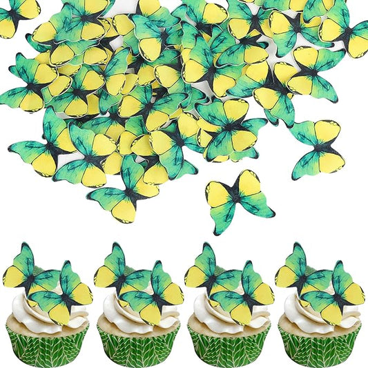 48PCS Edible Butterfly Cupcake Toppers - Edible Butterflies Cake Decoration for Wedding, Birthday, Baby Shower & Kids Parties - Yellow & Green