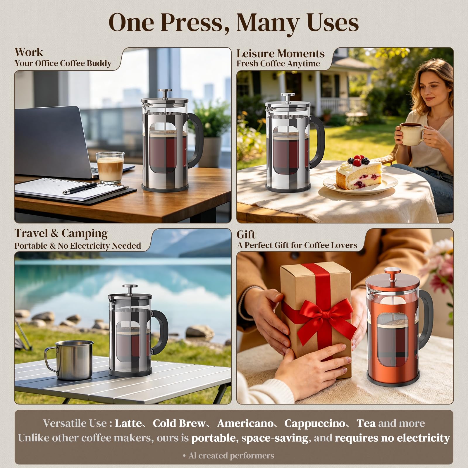 Veken French Press Coffee Maker, No Plastic Touching Cafe,34oz 1 L Cafetera