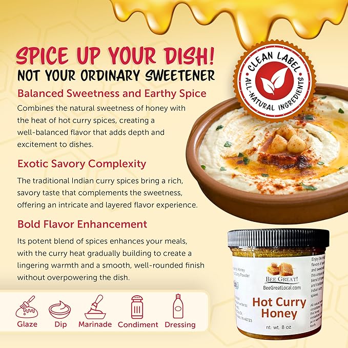 Curry Hot Honey, All-Natural Hot Honey Sauce for Chicken, Fish & Shrimp, & More Gluten-Free Spicy Honey Hot Sauce, Made in USA, 8 Oz, by Bee Great
