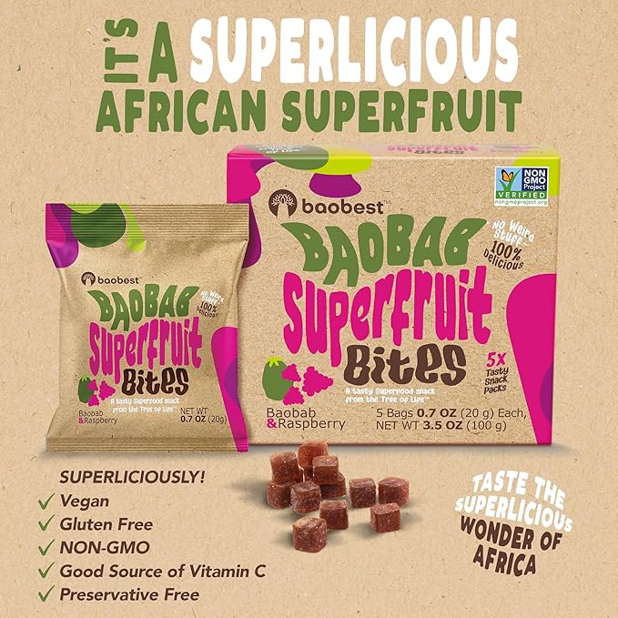 Baobest Superfruit Bites - Baobab Superfruit Variety Pack - Berry, Mango, and Raspberry - Vegan, Gluten Free, High in Vitamin C, Preservative-Free, Superfood Snack from the Tree of Life - 15 Servings