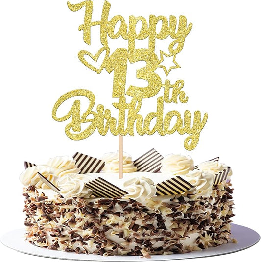 1 Pack Happy 13th Birthday Cake Topper Glitter Heart Star 13 Fabulous Cake Pick Birthday Sign Cake Decorations for 13th Birthday Theme Party Supplies Gold
