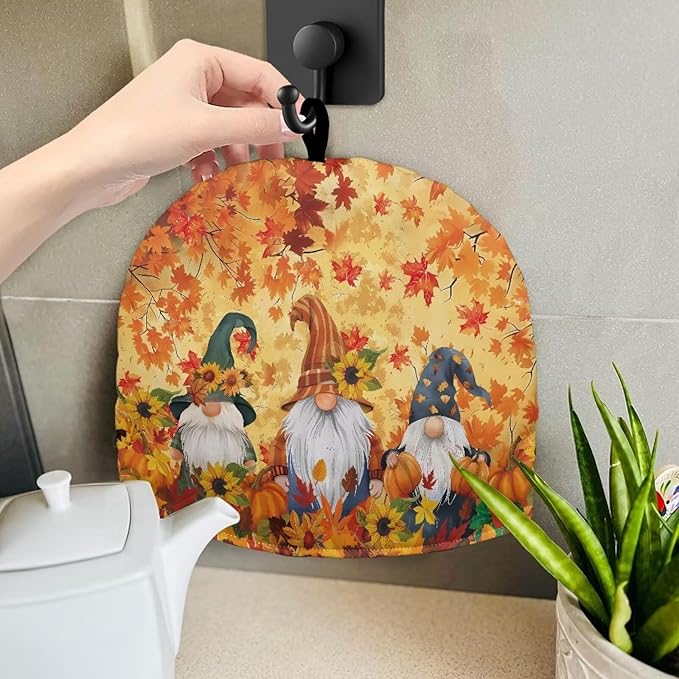 Gnome Pumpkins Tea Pot Cover for Halloween Day Reusable Teapot Cozy Keeping Warm,Dust Proof Maple Leaves Teapot Dust Protector for Kitchen Decorative