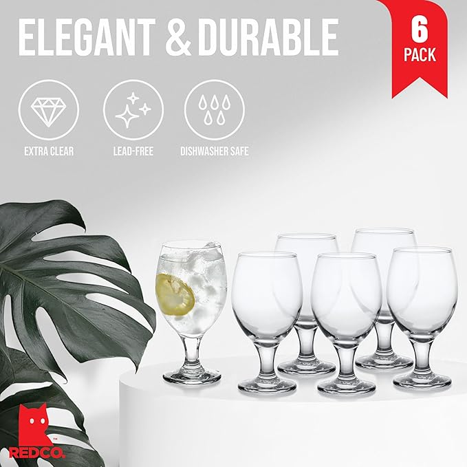 Red Co. Belluno Classic Clear Glasses for Water, Juice, Liquor - Wine Goblets - Set of 6 (13.5 Ounces)