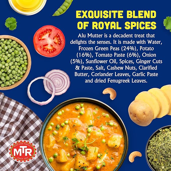 MTR - Minute Meals: Aloo Mutter - Curried Potatoes and Peas - Authentic Indian Ready-to-Eat Meal with No Added Preservatives - A Quick Meal Suitable for Vegetarians, Ready in Minutes! (Pack of 6)
