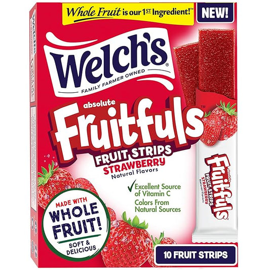 Welch?™s Absolute Fruitfuls Fruit Strips, Tasty Dried Fruit Snacks for School Lunches, Strawberry, 0.5oz (Pack of 10)