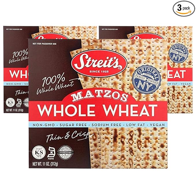 Streit's Whole Wheat Matzo - Thin & Crispy, Non-GMO, Sodium Free, Low Fat, Vegan, Family Owned, Kosher Certified (11oz, Pack of 3)