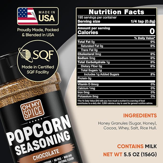 Popcorn Seasoning Chocolate Powder Mix - Gluten Free & Low Sodium Cocoa Powder Blend Popcorn Flavoring Seasoning. Healthy Movie Night Theater Pop Corn Toppings. Sweet Pop Corn Salt Seasonings. 5.5oz
