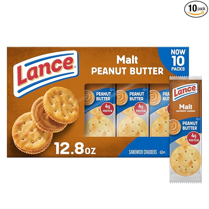 Lance Sandwich Crackers, Malt with Peanut Butter, 10 Individually Wrapped Packs, 6 Sandwiches Each