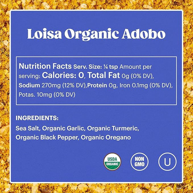 Loisa Seasoning, USDA Organic, Non-GMO, No-MSG, No Preservatives, No Artificial Coloring, No Artificial Flavors, 2.9oz (Adobo 2 Pack)