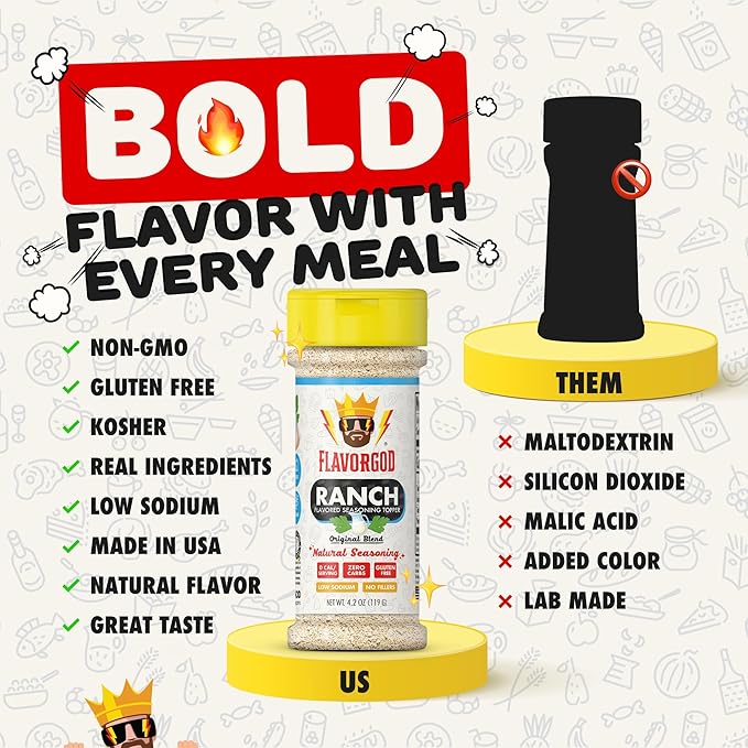 Ranch Seasoning by Flavor God, Sugar Free Ranch Substitute Low Sodium Seasoning, Gluten-Free Dry Ranch Mix, Keto & Paleo Friendly Ranch Seasoning Salad Dressing for Pizza, Popcorn, & Salads - Healthy Buttermilk Ranch Dressing Substitute