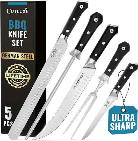Cutluxe 5-Piece Butcher Knife Set ??Slicing Carving Knife Set for Meat Cutting, Ultra Sharp German Steel, Full Tang, Ergonomic Handles ??Artisan Series