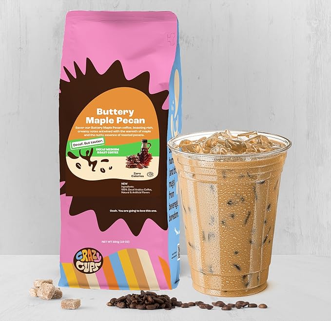 Crazy Cups Decaf Flavored Ground Coffee, Decaffeinated Buttery Maple Pecan Coffee, For Brewing Flavored Hot or Iced Decaf Pecan Coffee, 10oz