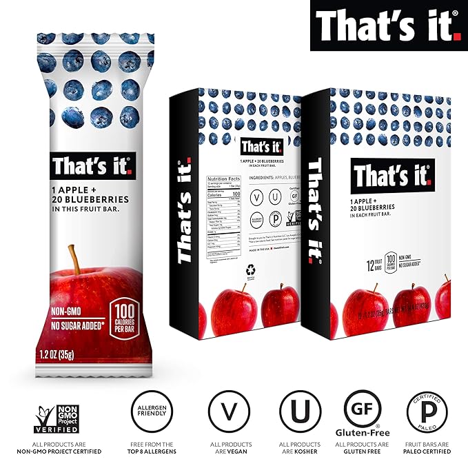 That's it. Apple + Blueberry 100% Natural Real Fruit Bar, Best High Fiber Vegan, Gluten Free Healthy Snack, Paleo for Children & Adults, Non GMO No Sugar Added, No Preservatives Energy Food (12 Pack)