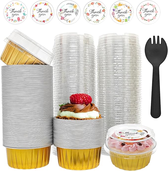 100 PCS Aluminium Foil Baking Cups, Mini Cake Pans with Lids and 100 PCS Spoons, 5 oz Disposable Baking Cups Foil Ramekins For Party Birthday Wedding Valentines (Gold)