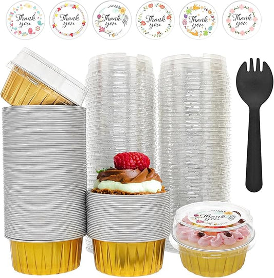 100 PCS Aluminium Foil Baking Cups, Mini Cake Pans with Lids and 100 PCS Spoons, 5 oz Disposable Baking Cups Foil Ramekins For Party Birthday Wedding Valentines (Gold)