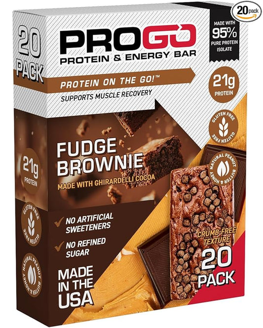 ProGo Protein Bars, Low Sugar, High Protein Snacks (21g) - 95% Pure Isolate for Faster Muscle Growth & Recovery, Low Calorie, Sweetened w/Peanut Butter & Honey (20-Count, Fudge Brownie)