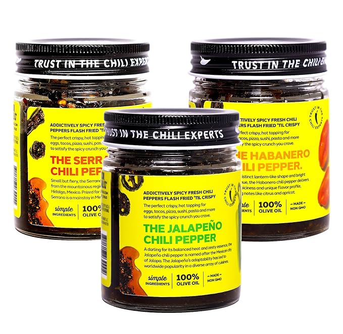 Don Chilio Mexican Chile Crisp Variety Bundle, 5 oz., 3 Pack – Crunchy Sliced Habanero, Jalapenos & Serrano Fried Chili Peppers in Hot Seasoned 100% Olive Oil – Keto-Friendly, Vegan, Gluten Free