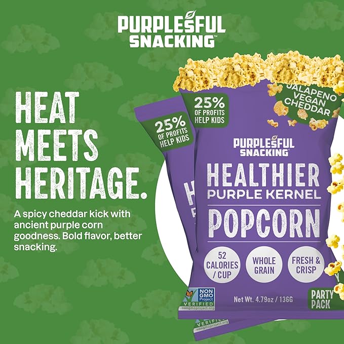 Purplesful Purple Corn Popcorn, Silkier, Creamier & Healthy Popcorn, Vegan-Friendly, Non-GMO, Flavorful Popped Corn Gourmet Snack, Jalapeno Cheddar, Big Bulk Pack - 4.8 Oz Per Pack (Pack of 9)