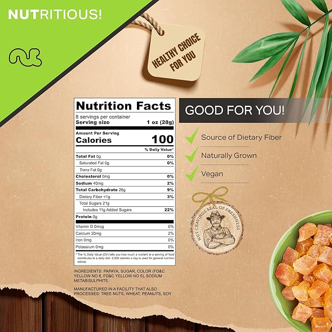 NUT CRAVINGS - Sun Dried Papaya Chunks, Lightly Sweetened (8oz, 1 Pack) Bulk Dry Fruits Packed Fresh in Resealable Bag - Sweet Healthy Snack, Naturally Grown, Vegan, Kosher