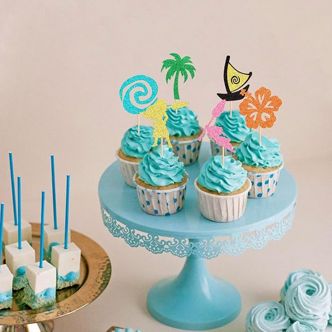 24Pcs Mo Inspired Birthday Cupcake Toppers Glitter Palm Leaf Flower Moana Cupcake Pick Decorations for Tropical Hawaiian Luau Theme Baby Shower Birthday Party Supplies