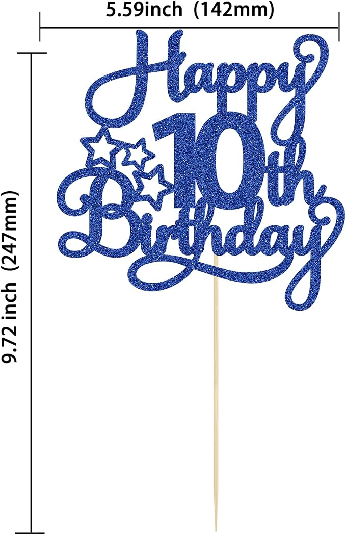 1 Pack Happy 10th Birthday Cake Topper Glitter Heart Star 10 Fabulous Cake Pick Birthday Sign Cake Decorations for Children 10th Birthday Theme Party Supplies Blue