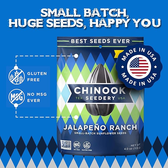 Chinook Seedery Roasted Jumbo Sunflower Seeds - Keto Snacks, Gluten-Free, Non-GMO, Jalapeno Ranch 4 oz (12-Pack)