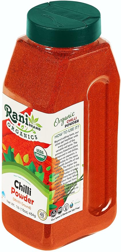 Rani Organic Chilli Powder (Mirchi Ground) 16oz (1lb) 454g PET Jar ~ All Natural | Vegan | Gluten Friendly | NON-GMO | Indian Origin | USDA Certified Organic